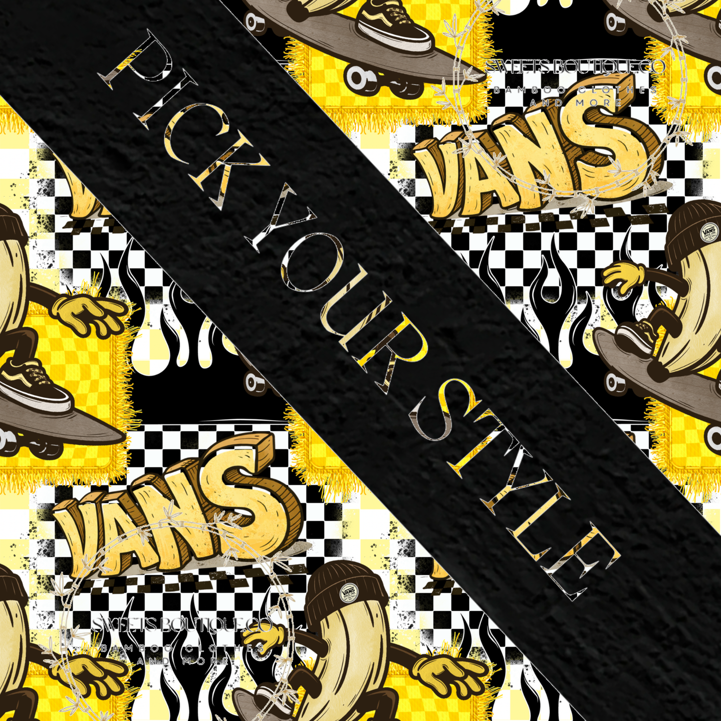 Shoe brand yellow, B&W checks